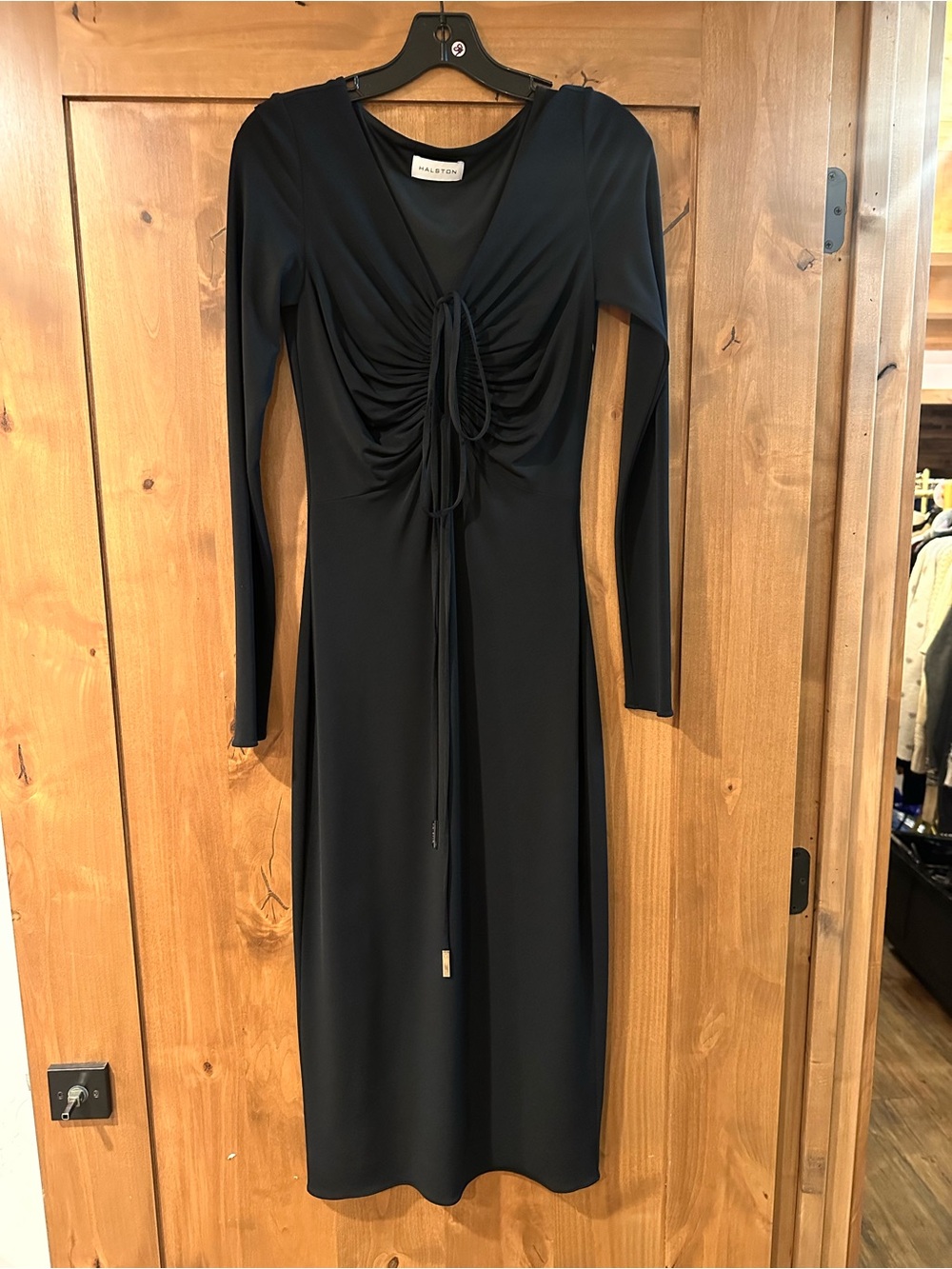 Halston Heritage Black Long-Sleeve Midi Dress with Front Drawstring